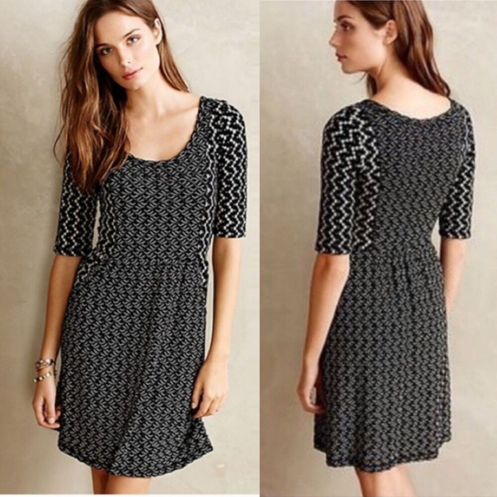 Anthropologie Saturday Sunday Black Stretch Geometric A-Line Skater Dress Sz XS